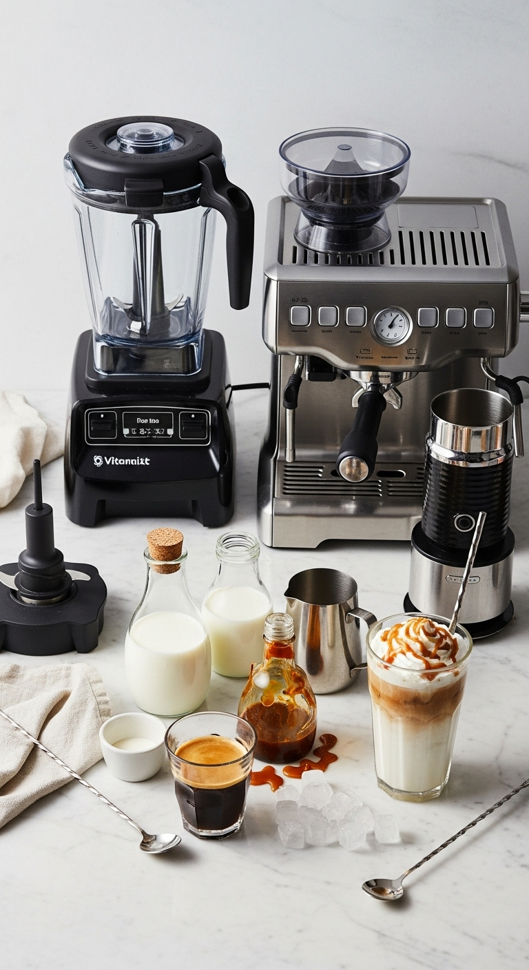 Coffee bar station with blender espresso machine milk frother and ingredients for a caramel Frappuccino on a marble countertop