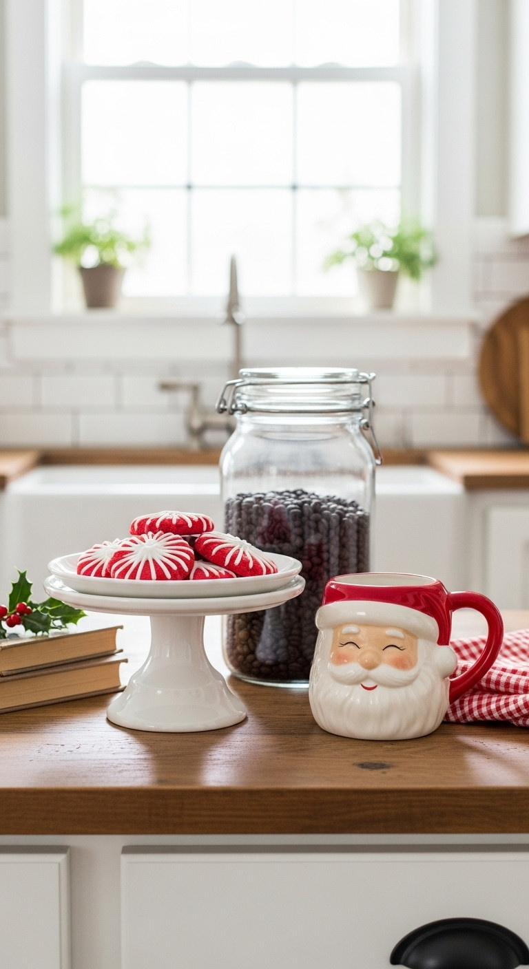 Coffee bar vignette with a cake stand of cookies tall coffee bean canister and Santa mug on a rustic wooden countertop