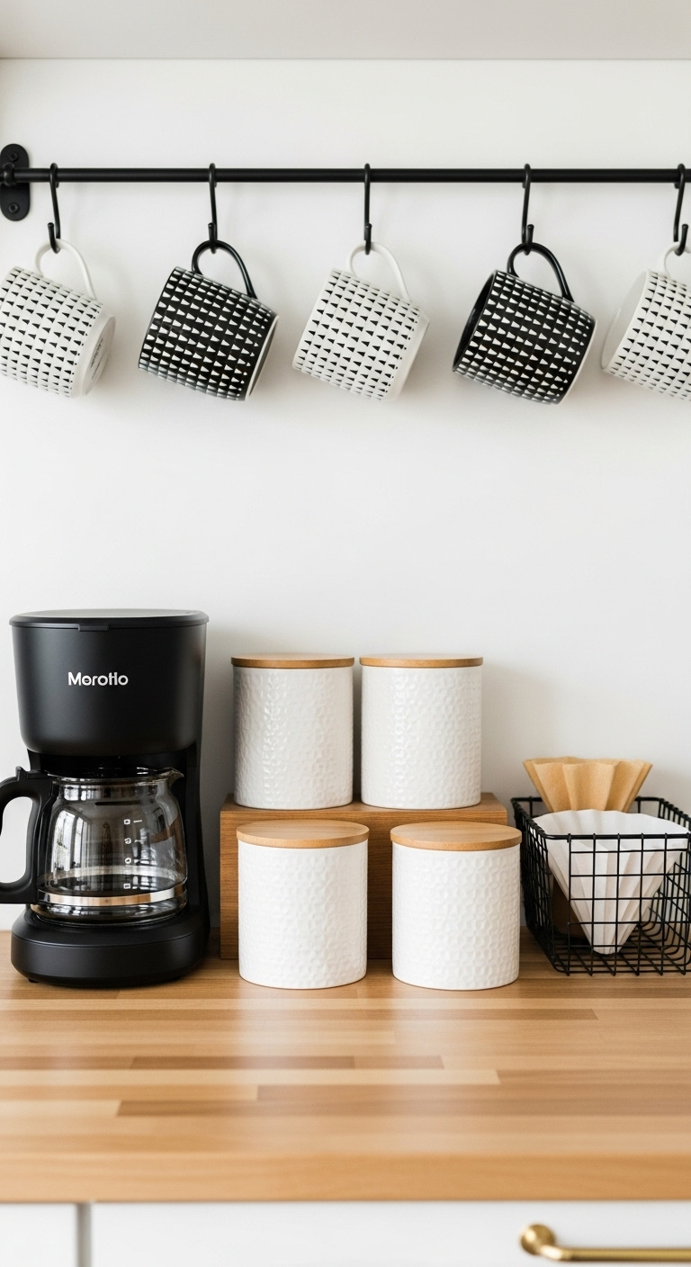 Coffee bar with a cohesive black white and natural wood color palette featuring a coffee maker canisters and patterned mugs