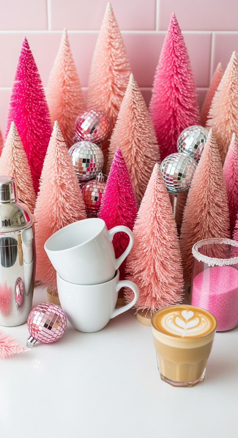 Coffee bar with a forest of pink bottle brush trees sparkling disco ball ornaments and glossy white mugs