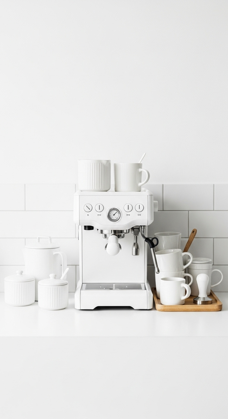 Coffee bar with a neutral color palette featuring an all white espresso machine mugs and accessories on a white countertop