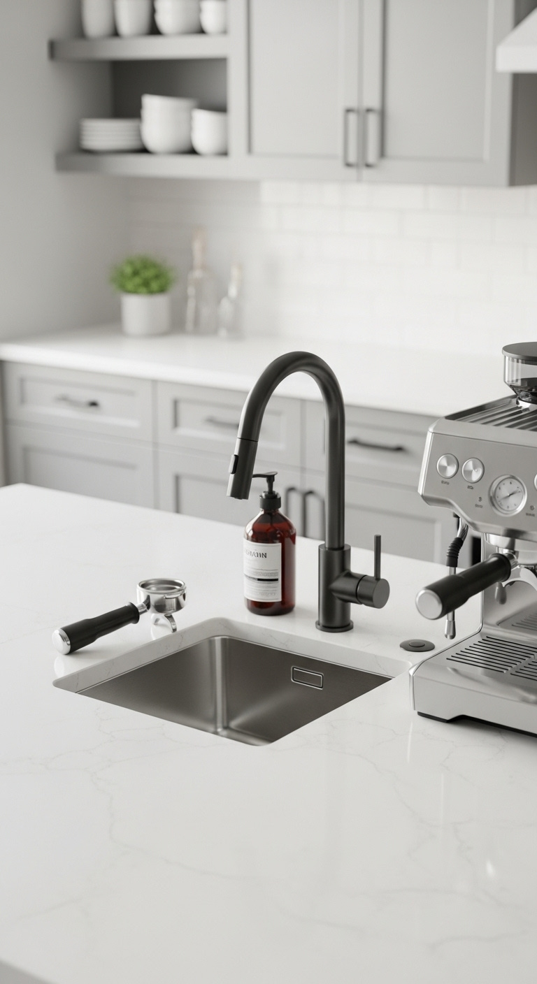 Coffee bar with integrated stainless steel prep sink, matte black gooseneck faucet, white quartz countertop, and espresso machine