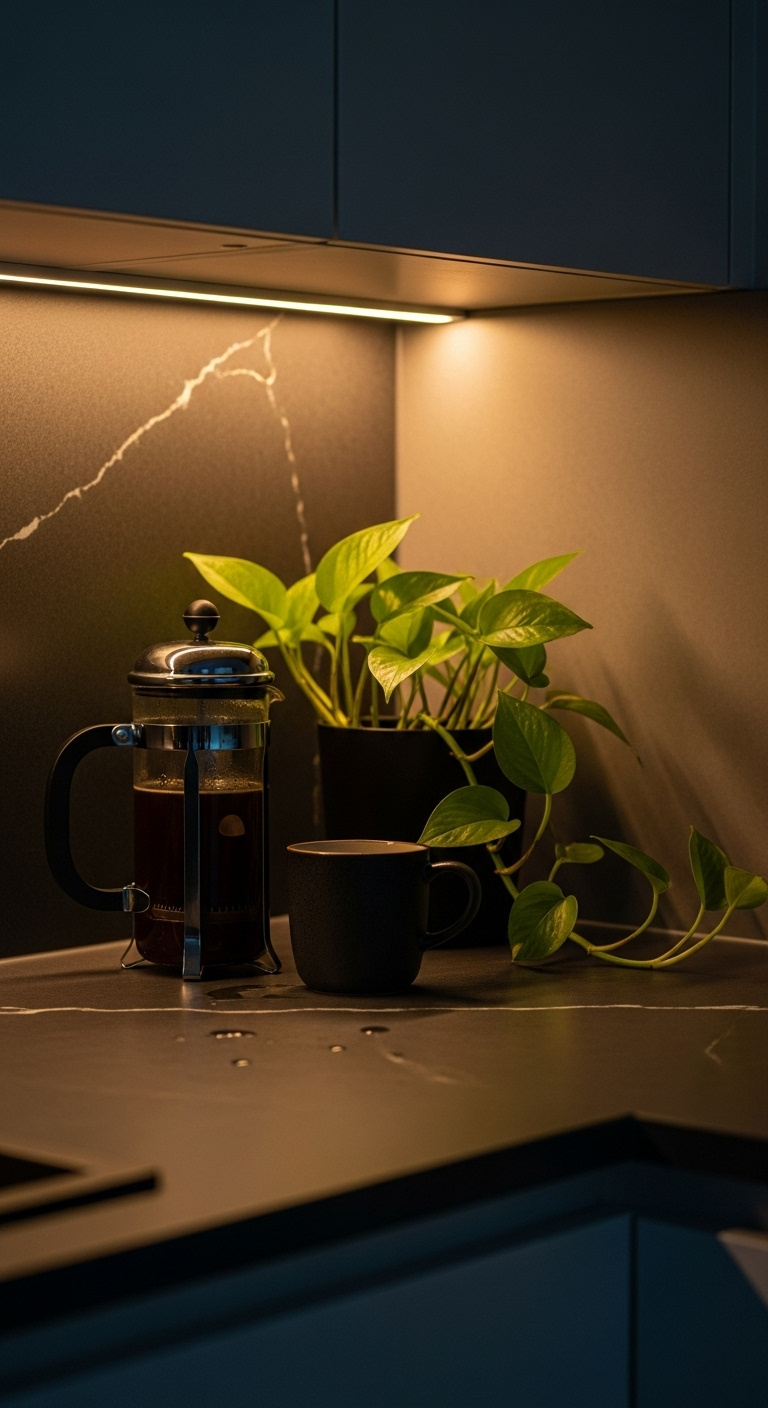Coffee bar with moody lighting and greenery featuring a French press dark ceramic mug and a trailing pothos plant on a dark countertop