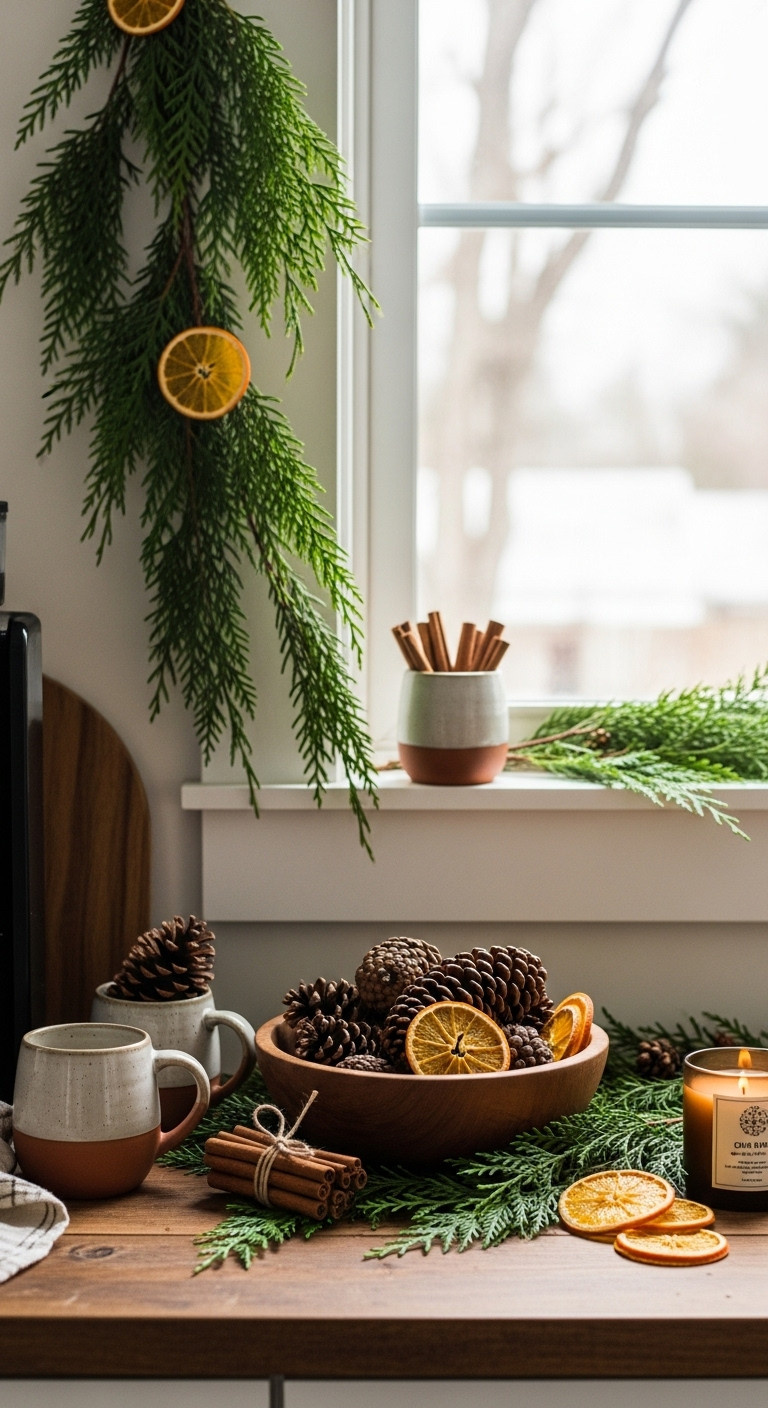 Coffee bar with natural greenery cedar garland wooden bowl of pinecones and dried orange slices on a rustic wooden countertop