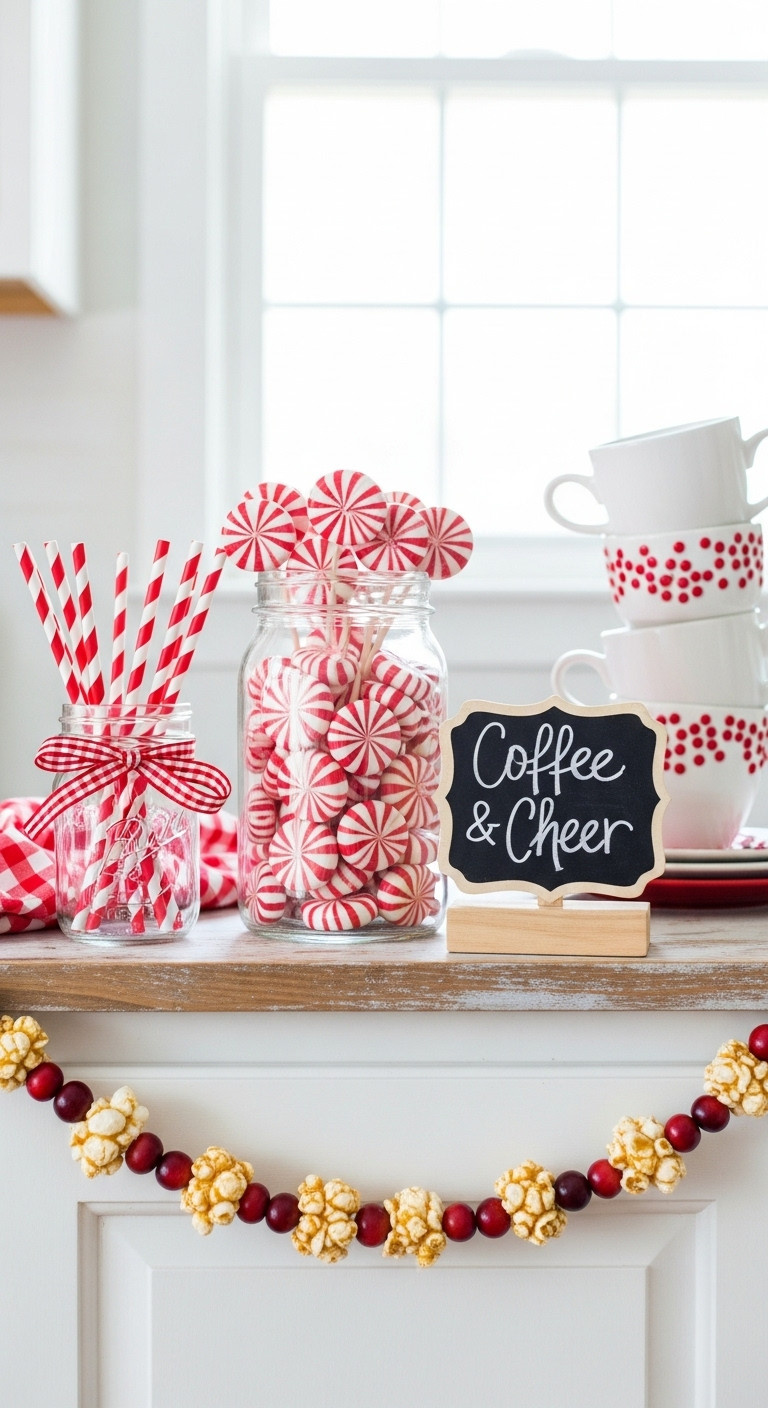 Coffee bar with peppermints chalk sign and popcorn cranberry garland on a white wood countertop