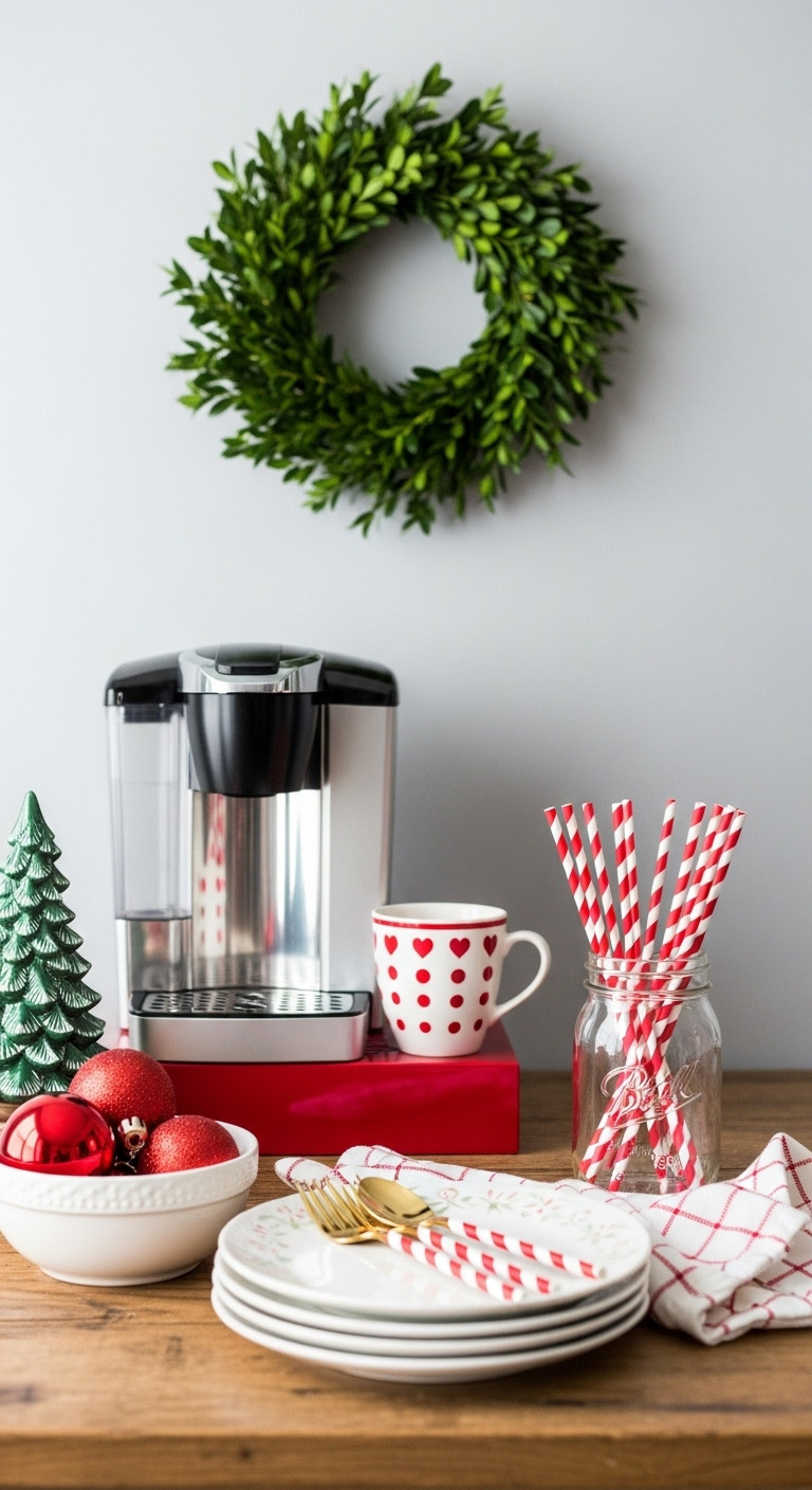 Coffee bar with red green and white decor boxwood wreath and striped straws on a rustic wooden table