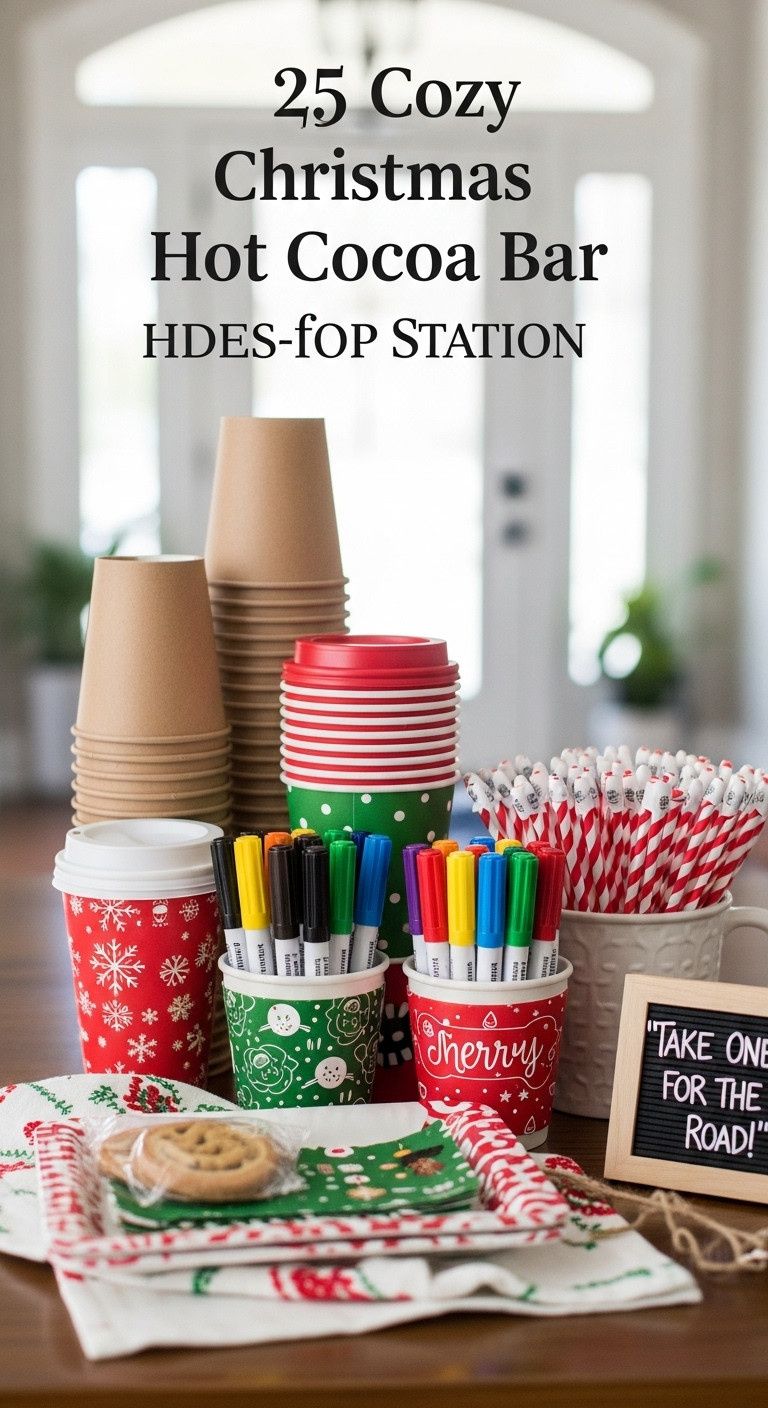 Coffee bar with stack of insulated paper to go cups festive sleeves and permanent markers for guests leaving a party