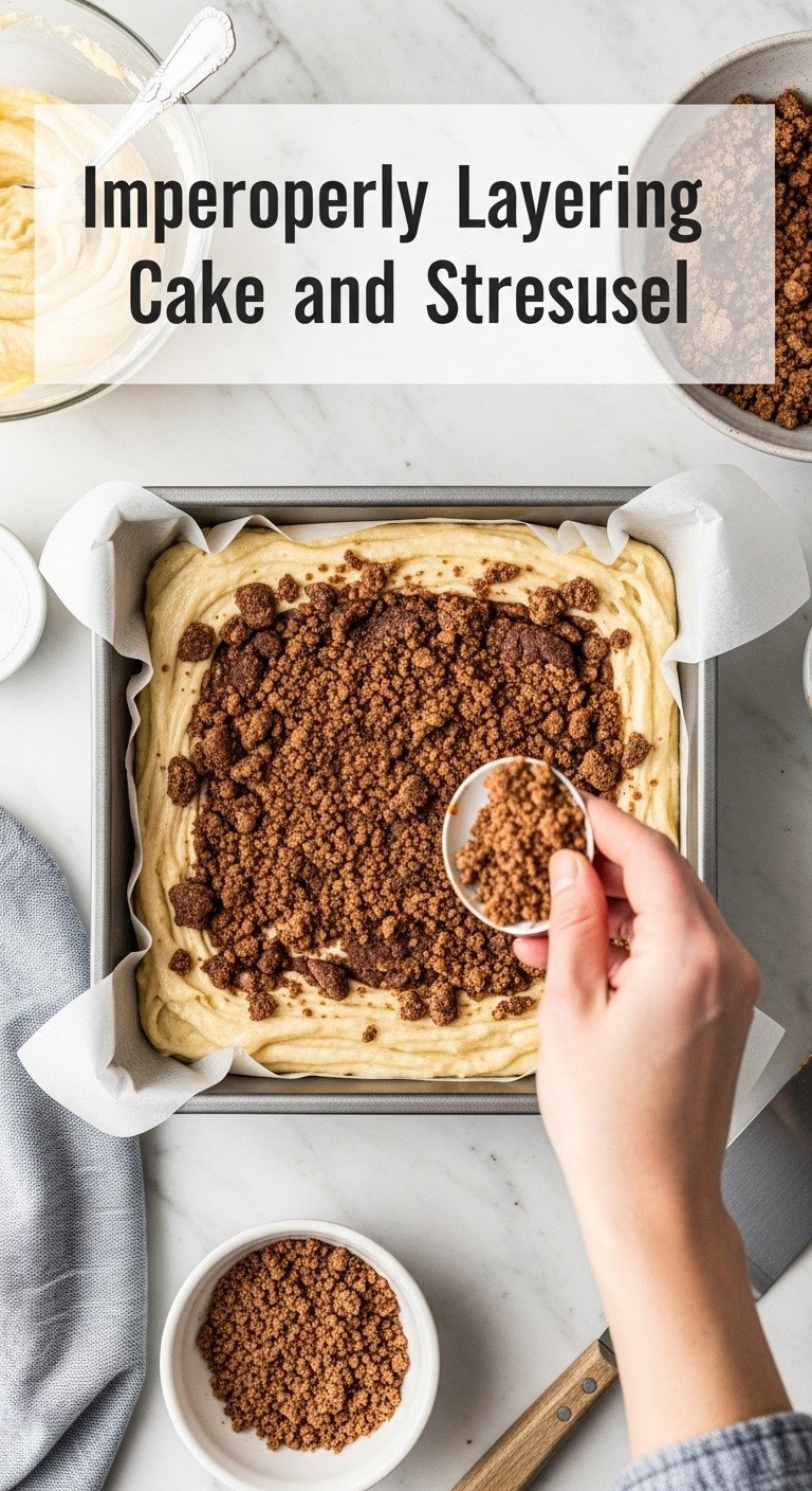 Coffee cake assembly in a square baking pan with batter and cinnamon streusel on a marble countertop with spatula
