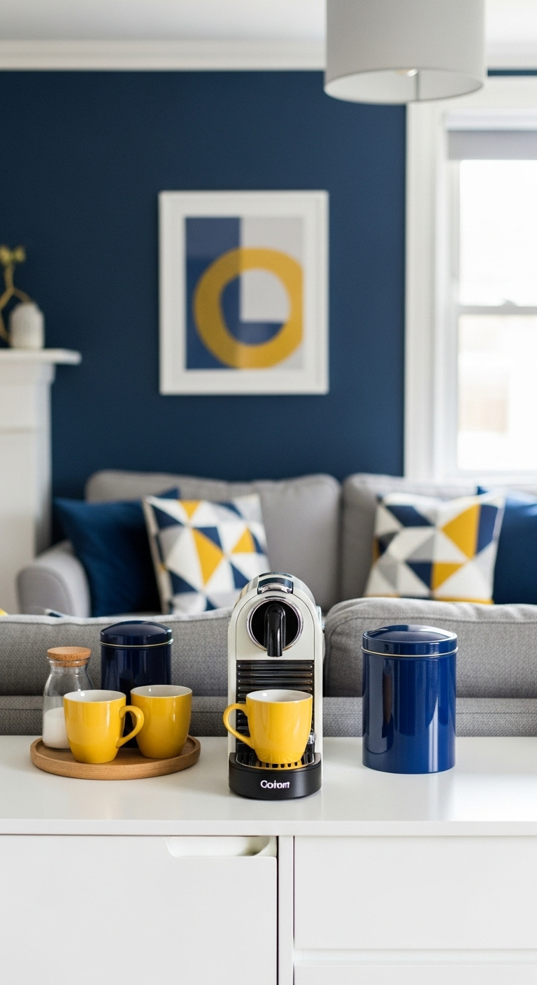 Coffee corner coordinating with living room decor featuring navy wall grey sofa and mustard accents
