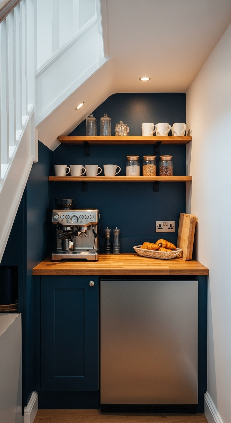 Coffee nook under stairs with navy wall butcher block counter espresso machine and mini-fridge