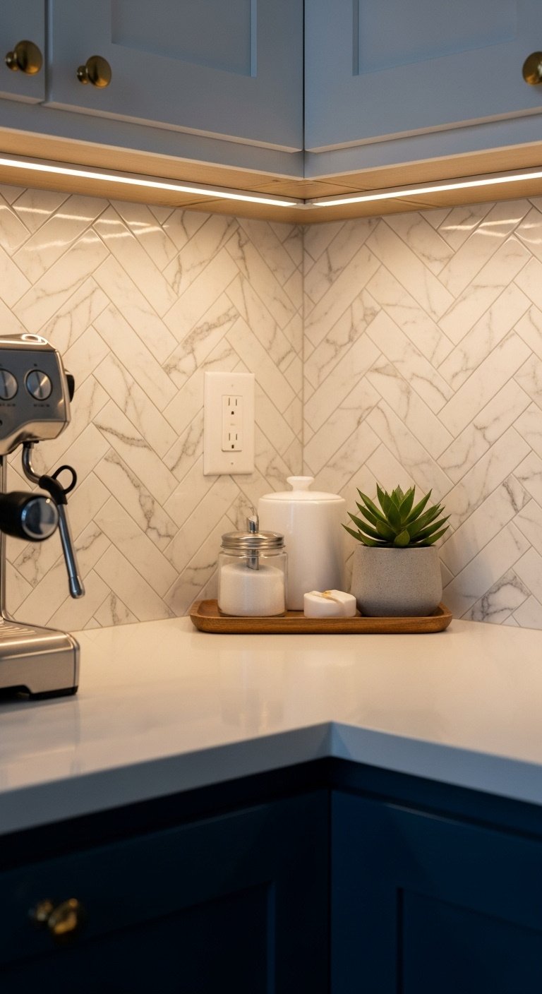 Budget Coffee Bar Ideas That Look High End Without Splurging 3 Coffee nook with a faux luxe white marble herringbone peel and stick tile backsplash and chrome espresso machine
