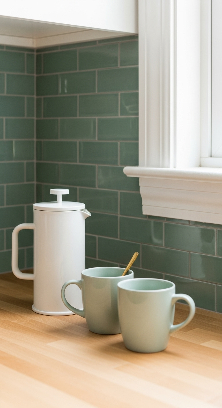 Coffee nook with a stylish peel and stick zellige tile backsplash in sea green and a white French press on a wood countertop