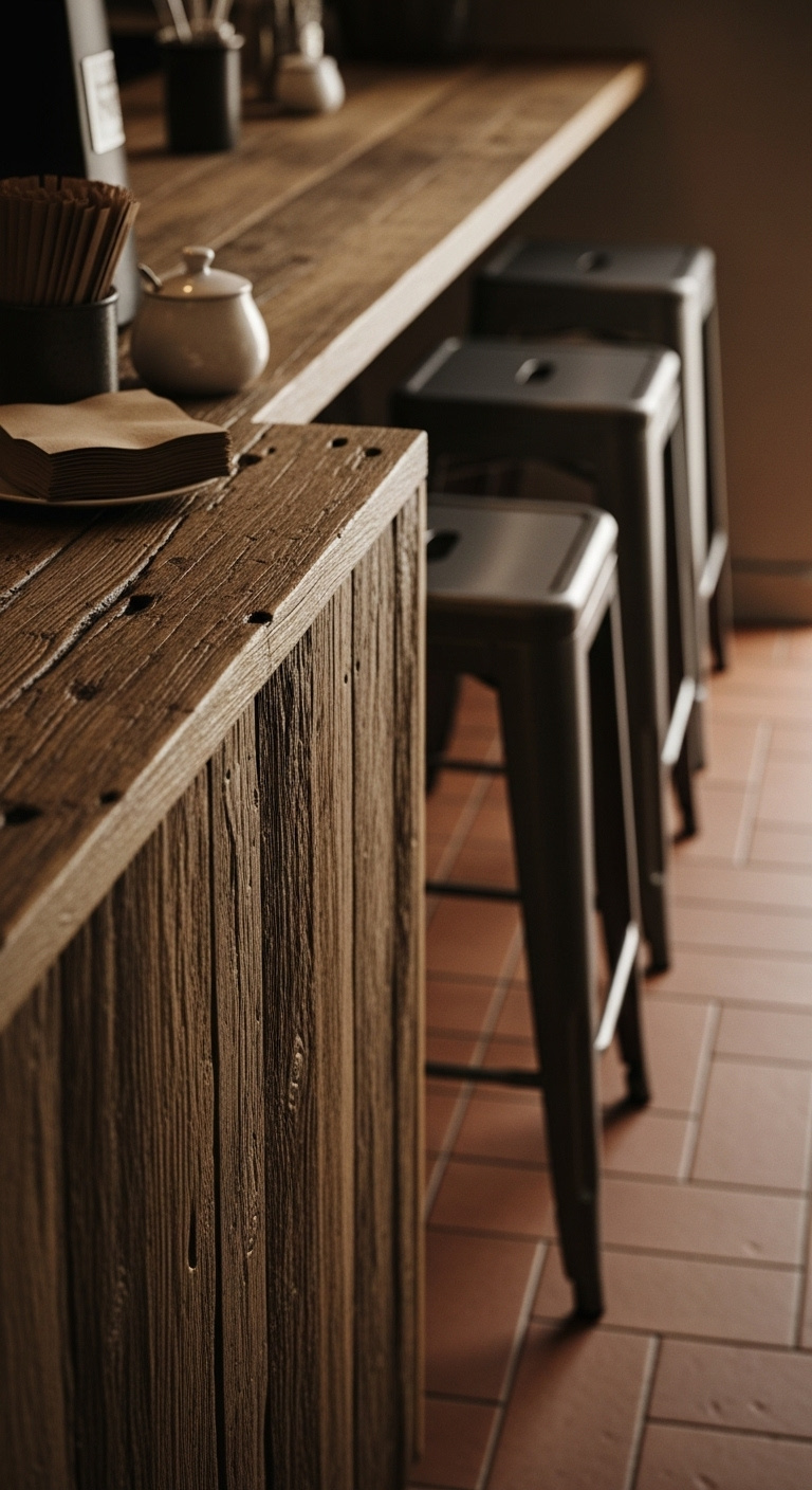 Coffee shop counter made from reclaimed wood with recycled metal stools terracotta floor tiles and recycled paper napkins