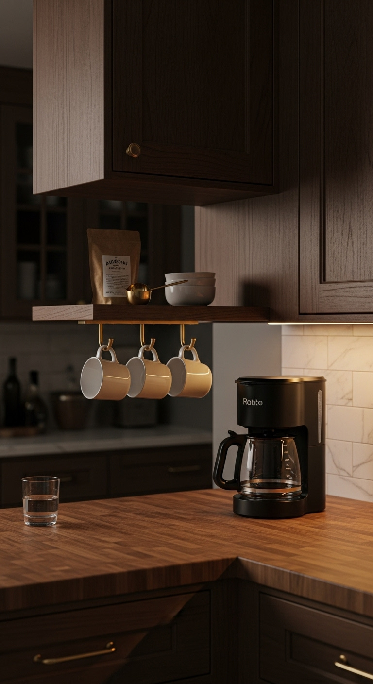 Coffee station integrated with a dark wood floating shelf, brass hooks, and a black coffee maker on an espresso butcher block countertop