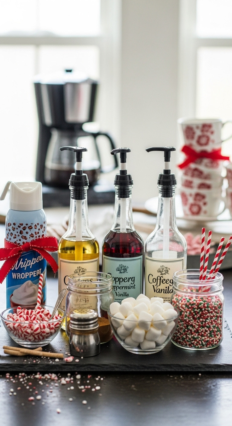 Coffee toppings bar with syrups marshmallows cinnamon and sprinkles on a dark slate tray