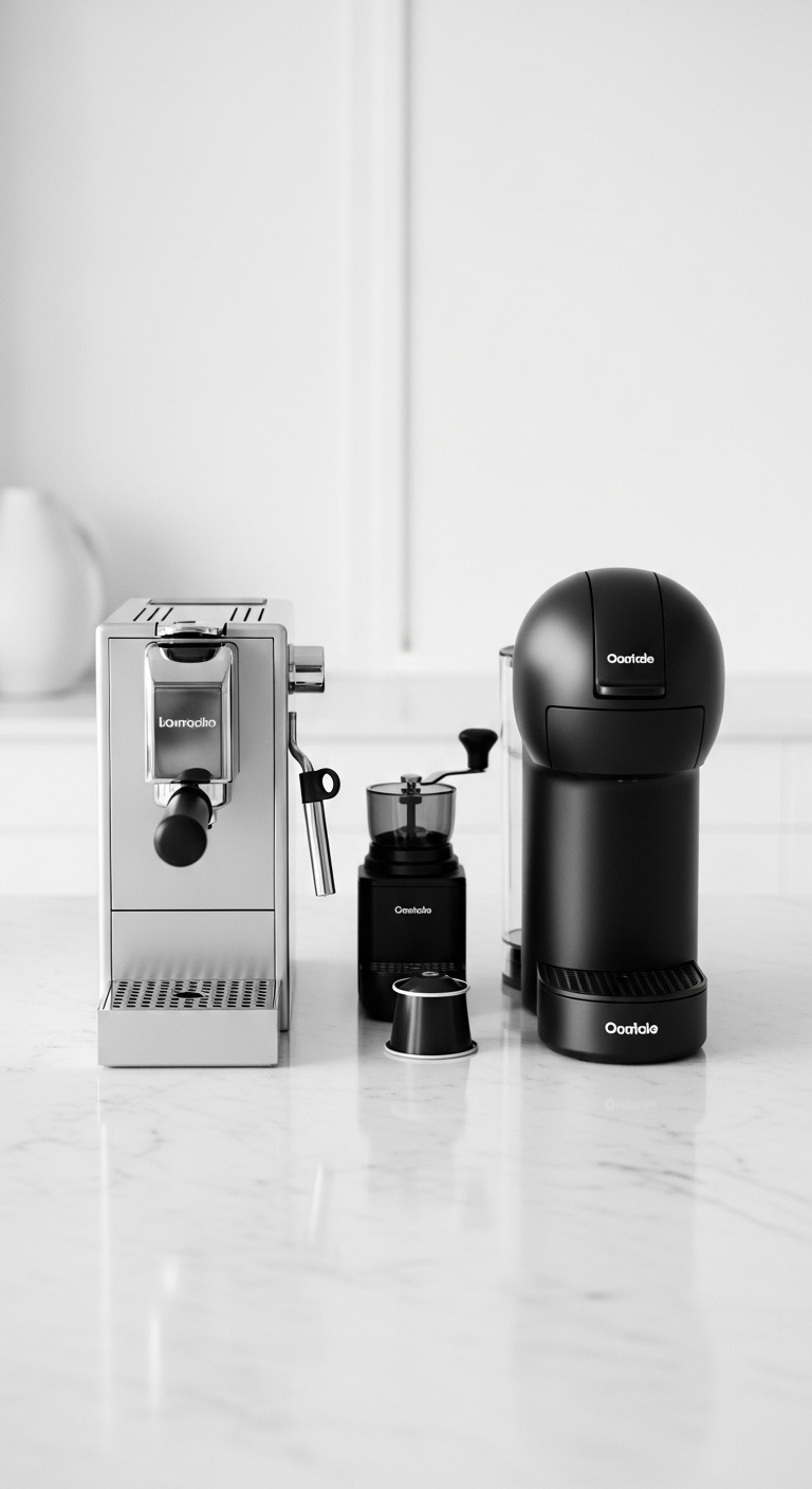 Collection of compact coffee appliances including slim espresso machine pod machine and grinder