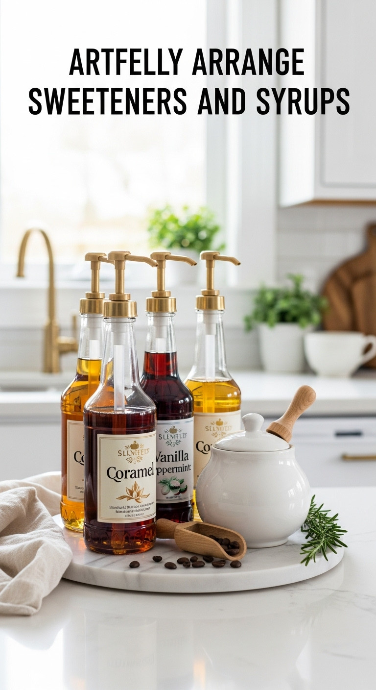 Collection of glass syrup bottles with gold pumps and a white ceramic sugar cellar with wooden scoop on a marble tray