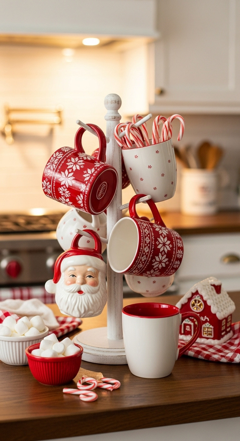 Collection of red and white Christmas mugs on a rustic white mug tree with candy canes marshmallows and a gingerbread house