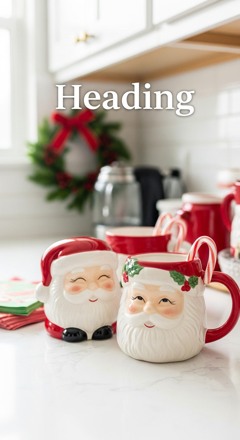 Collection of vintage style Santa Claus mugs on a white quartz countertop next to a coffee station