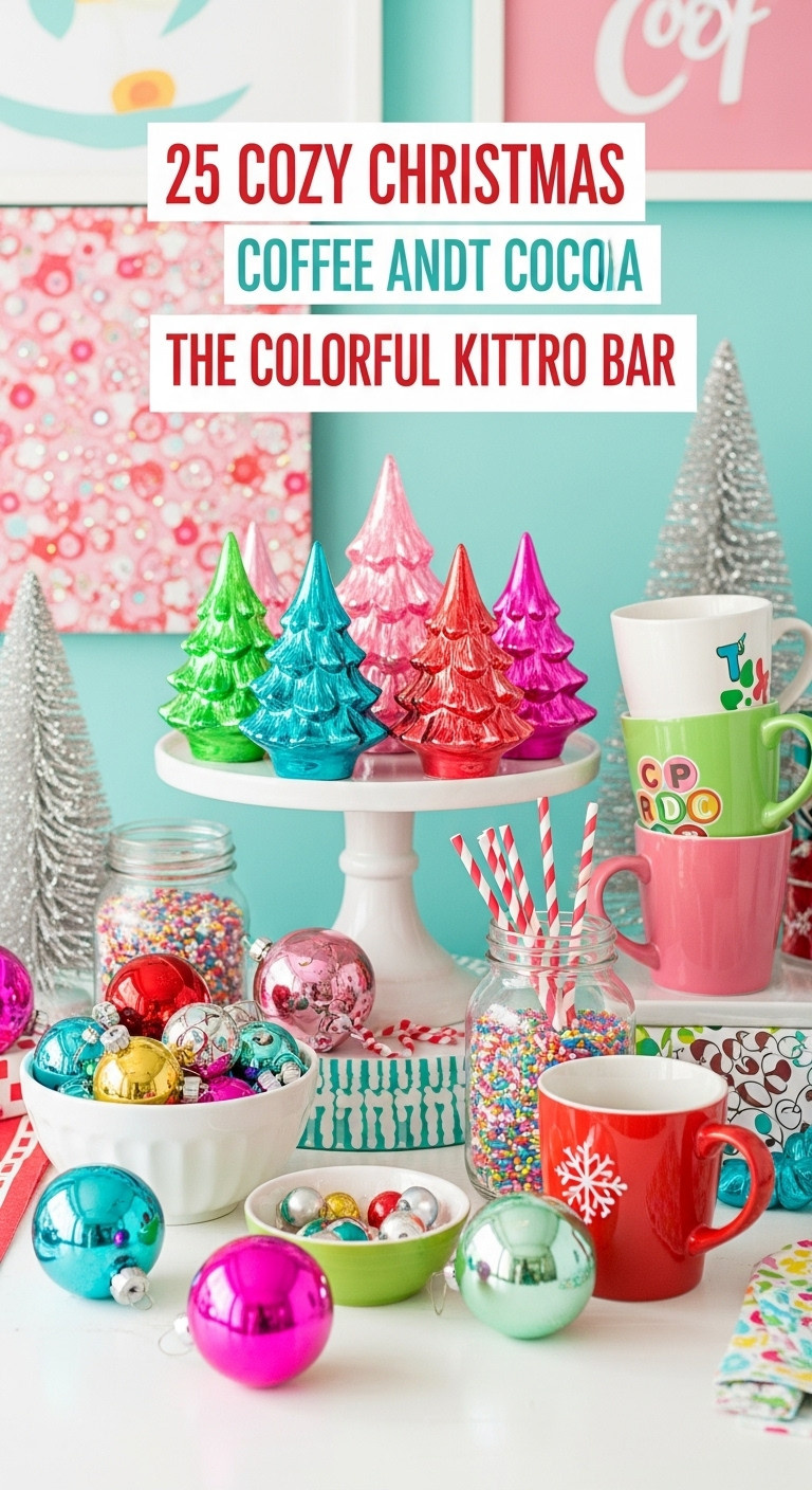 Colorful kitsch and retro Christmas coffee bar with vintage ceramic Christmas tree lights Shiny Brite ornaments and retro mugs