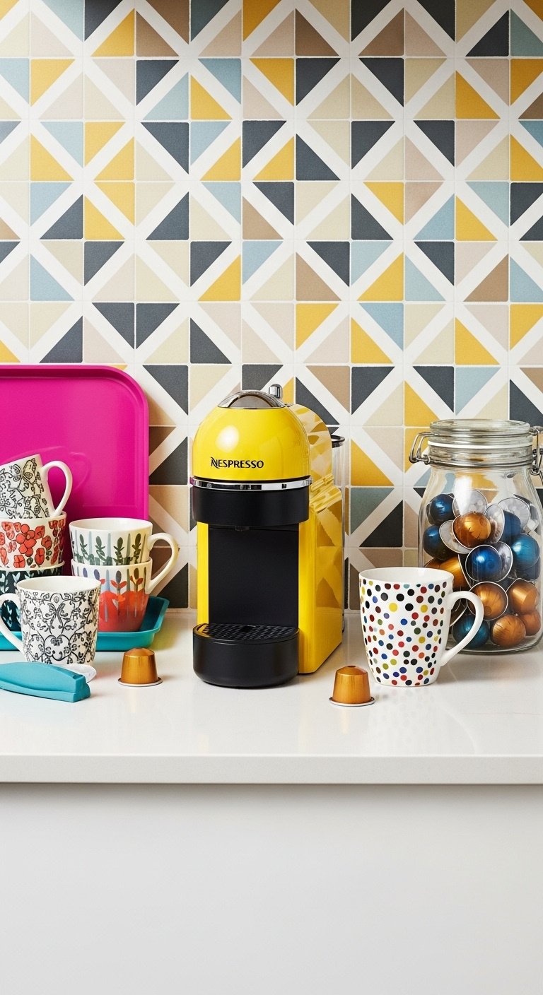Colorful quirky Nespresso home coffee bar with yellow Vertuo Pop+ machine and patterned tile backsplash