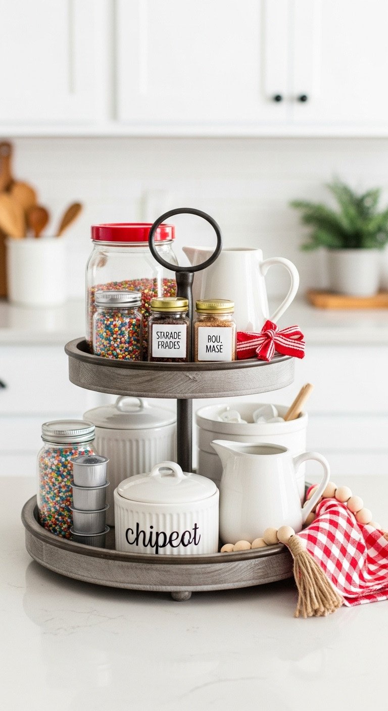 Compact Christmas coffee station on a tiered tray with sprinkles, coffee pods, sugar, creamer, and decorative signs