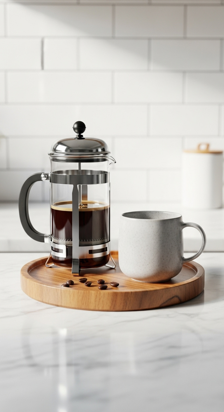 Compact French press brewing setup with a glass and stainless steel French press a stoneware mug and coffee beans on an acacia wood tray
