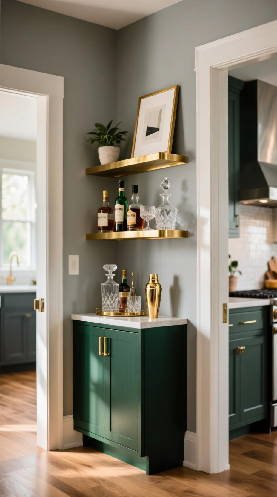 Compact cocktail corner off kitchen with gold floating shelves, dark green cabinet, and elegant glasses