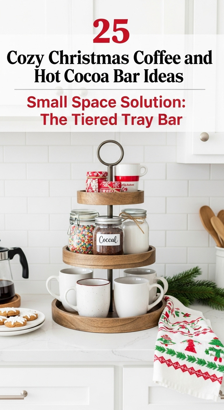 Compact coffee and hot cocoa station on a three tiered tray with mugs cocoa toppings and small decorations