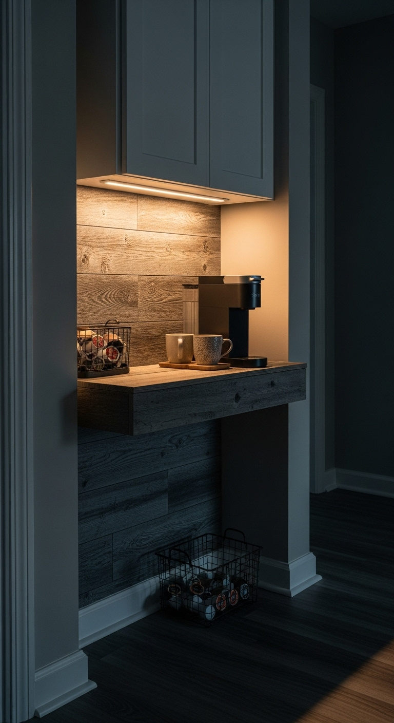 Compact coffee bar built into a small hallway niche with a reclaimed wood console table and weathered wood accent wall