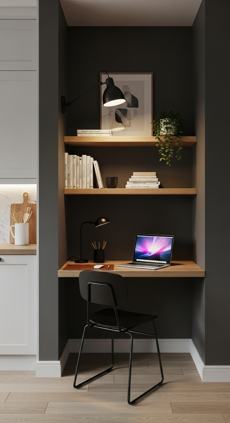 Compact command center with floating oak desk laptop and shelves built into wall next to kitchen