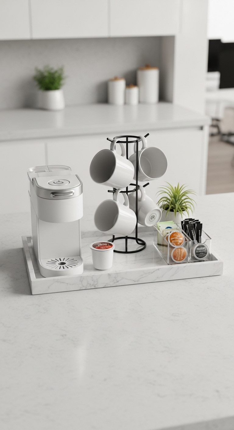 Compact countertop coffee hub on white marble tray with pod coffee maker mug tree and organizer