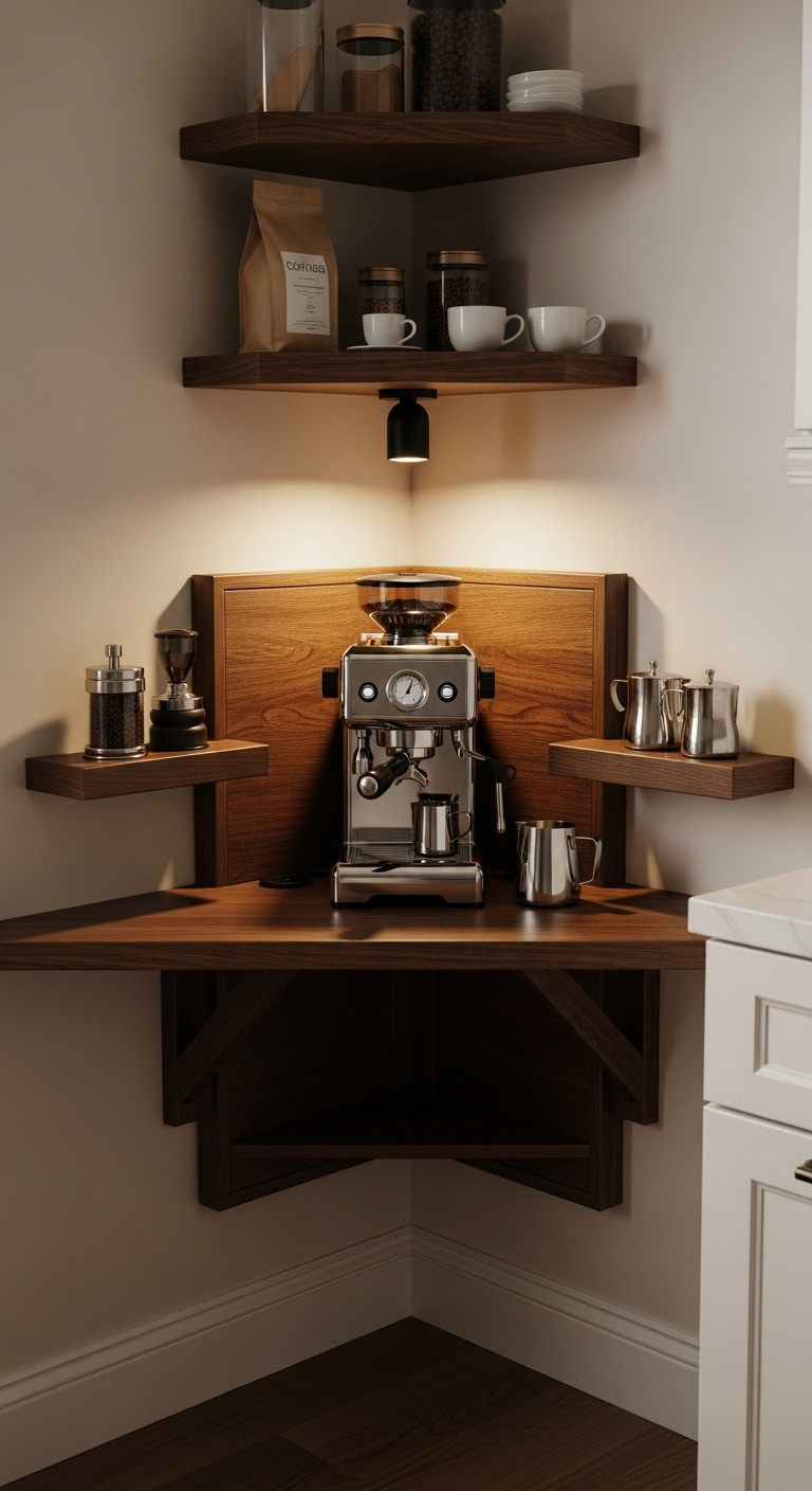 Compact dark wood triangular corner desk as a coffee center with a chrome espresso machine grinder and milk frother
