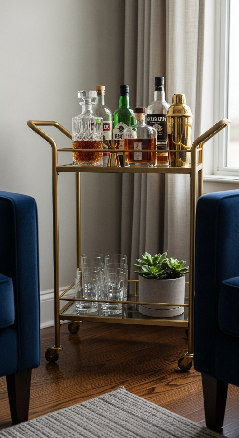 Compact home bar cart in gold metal with whiskey decanter liquor bottles cocktail shaker and rocks glasses