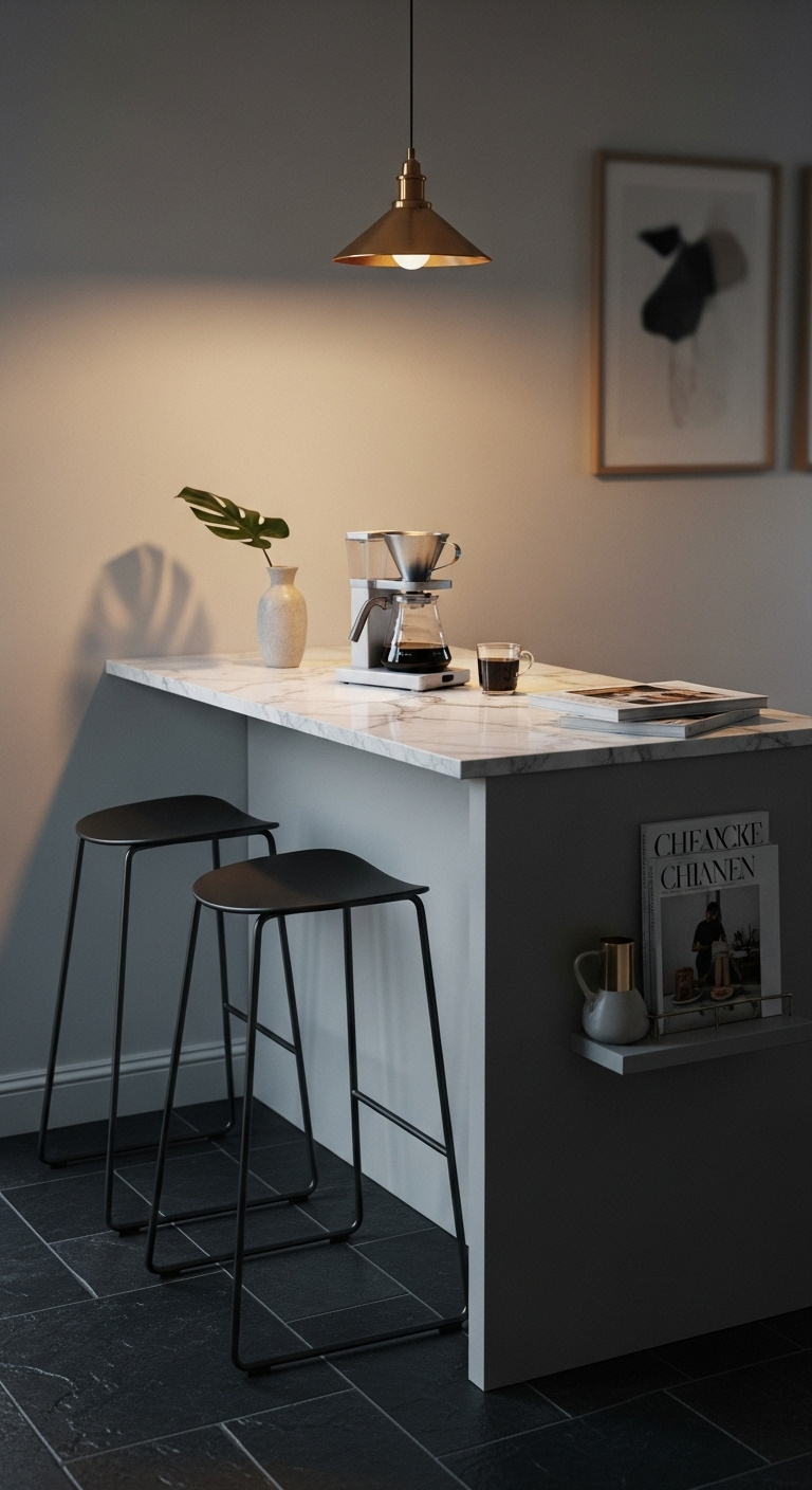 Compact light gray kitchen island with white marble countertop minimalist drip coffee maker and two black metal bar stools