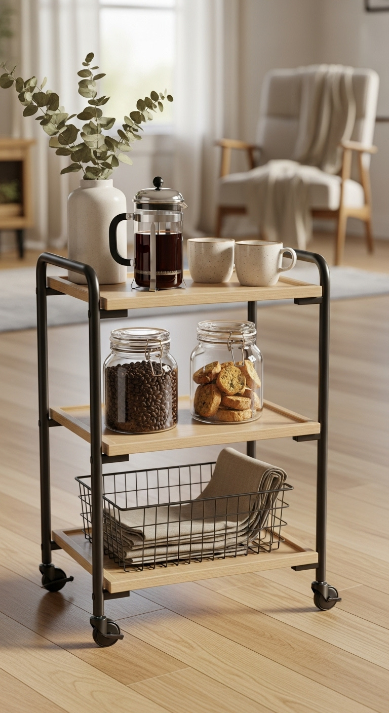 Compact rolling cart coffee corner with black metal frame light wood shelves French press and speckled mugs under natural light