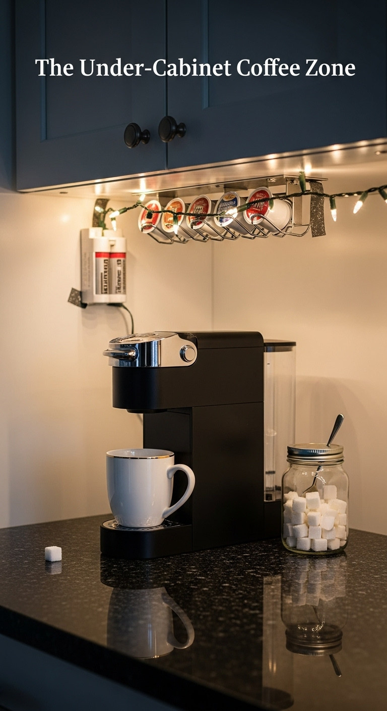 Compact under-cabinet coffee station with a pod dispenser single serve machine LED garland and white gold rimmed mug