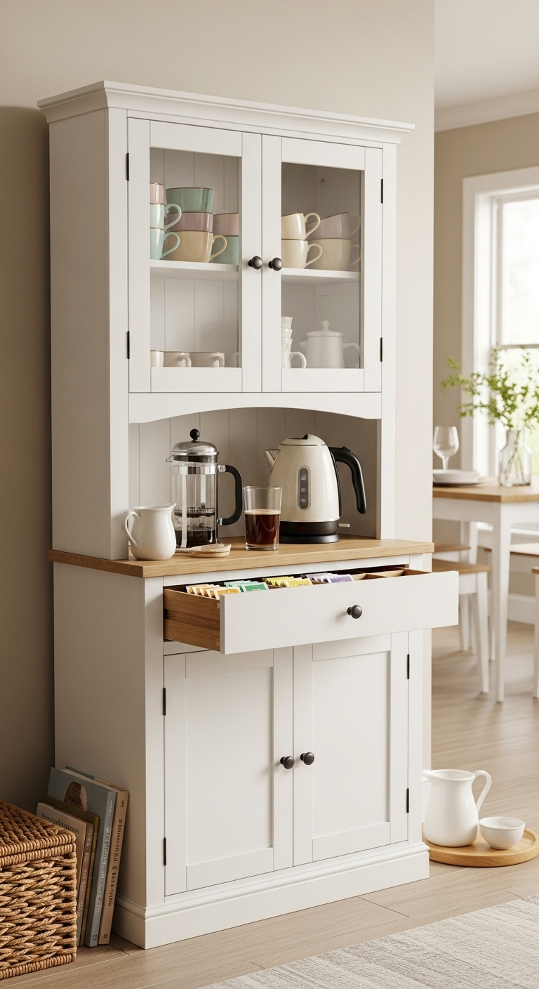 Compact white farmhouse hutch coffee bar with glass front doors French press and organized tea bags