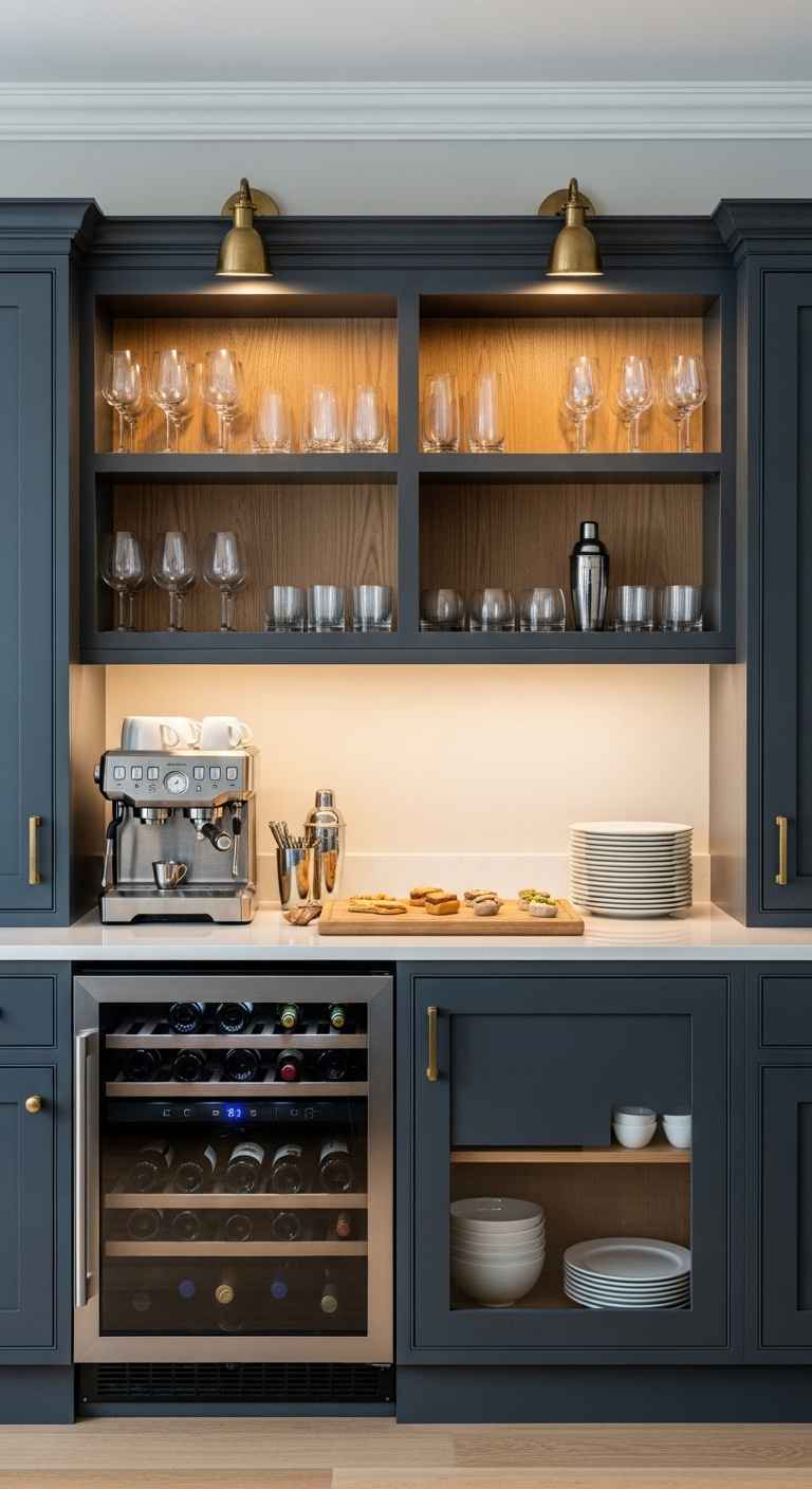 Contemporary home coffee and wine bar featuring a minimalist aesthetic and functional design