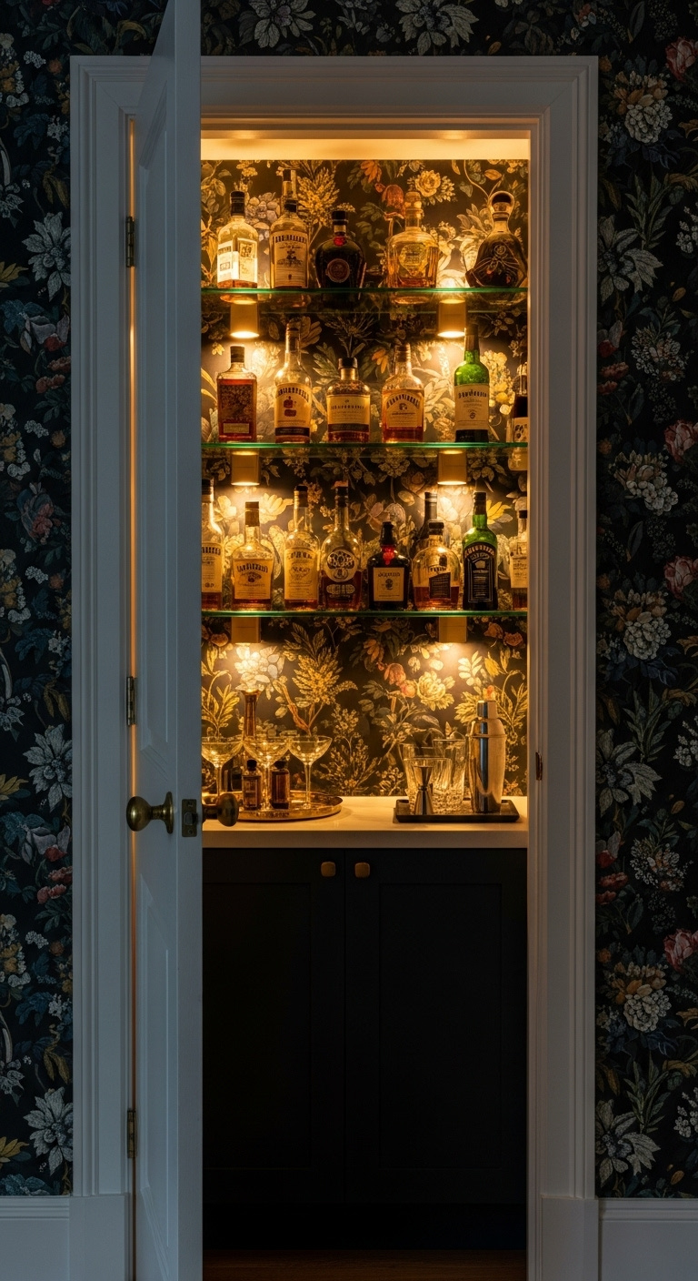 Converted closet bar with dark floral wallpaper glass shelves glowing liquor bottles and cocktail shaker
