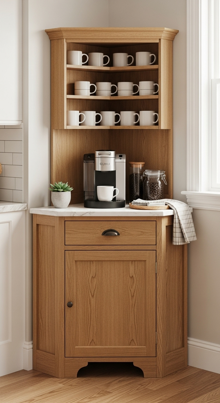 Corner coffee bar cabinet in light wood with single serve coffee machine mugs and minimalist decor in a bright kitchen