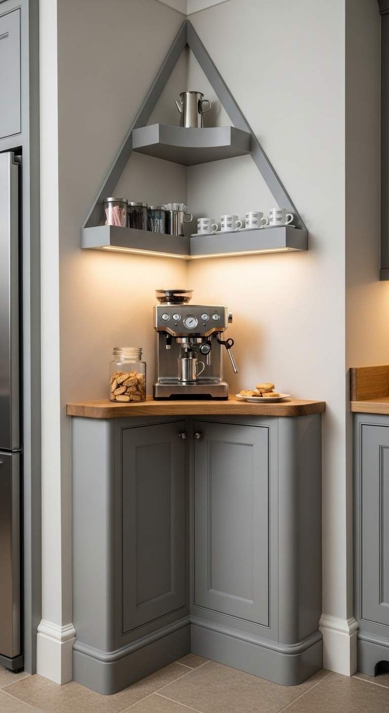 Corner coffee bar with gray cabinet espresso machine floating shelves and biscotti between a refrigerator and wall