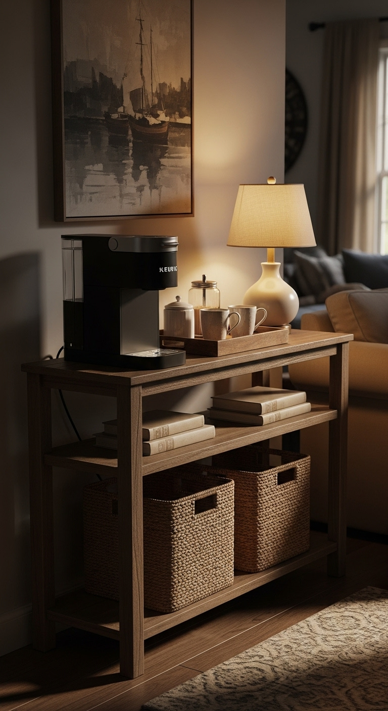 Corner console table cafe with a Keurig mugs sugar bowl seagrass baskets and a warm table lamp in a cozy living room