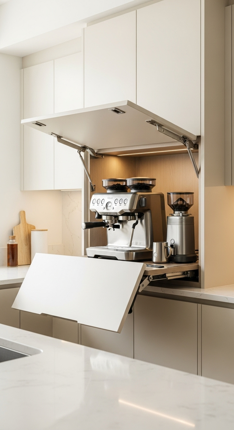 Corner kitchen cabinet with a lift-up door revealing a high-end coffee machine and grinder inside