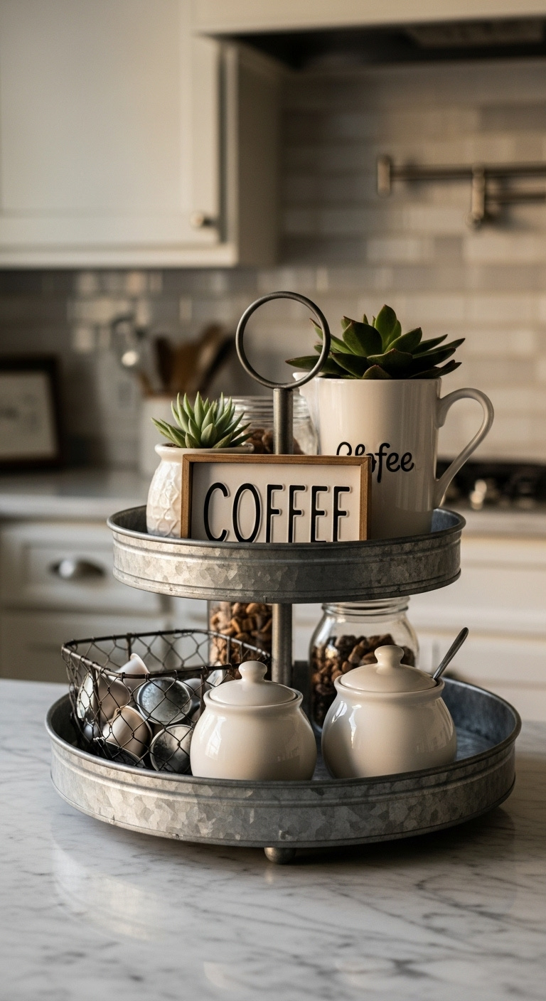 Countertop tiered tray mini hutch with galvanized metal coffee pods sugar bowl and coffee sign on marble counter