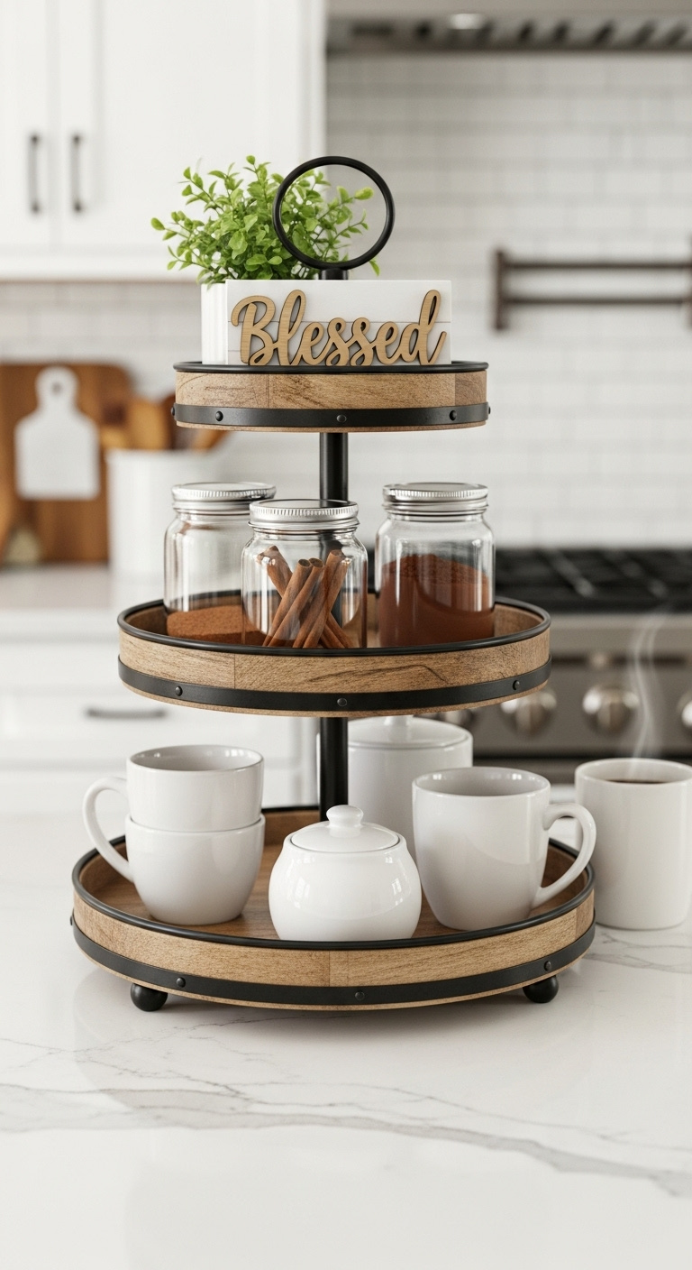 Countertop tiered tray station with rustic wood and black metal mugs sugar bowl cinnamon sticks plant and Blessed sign