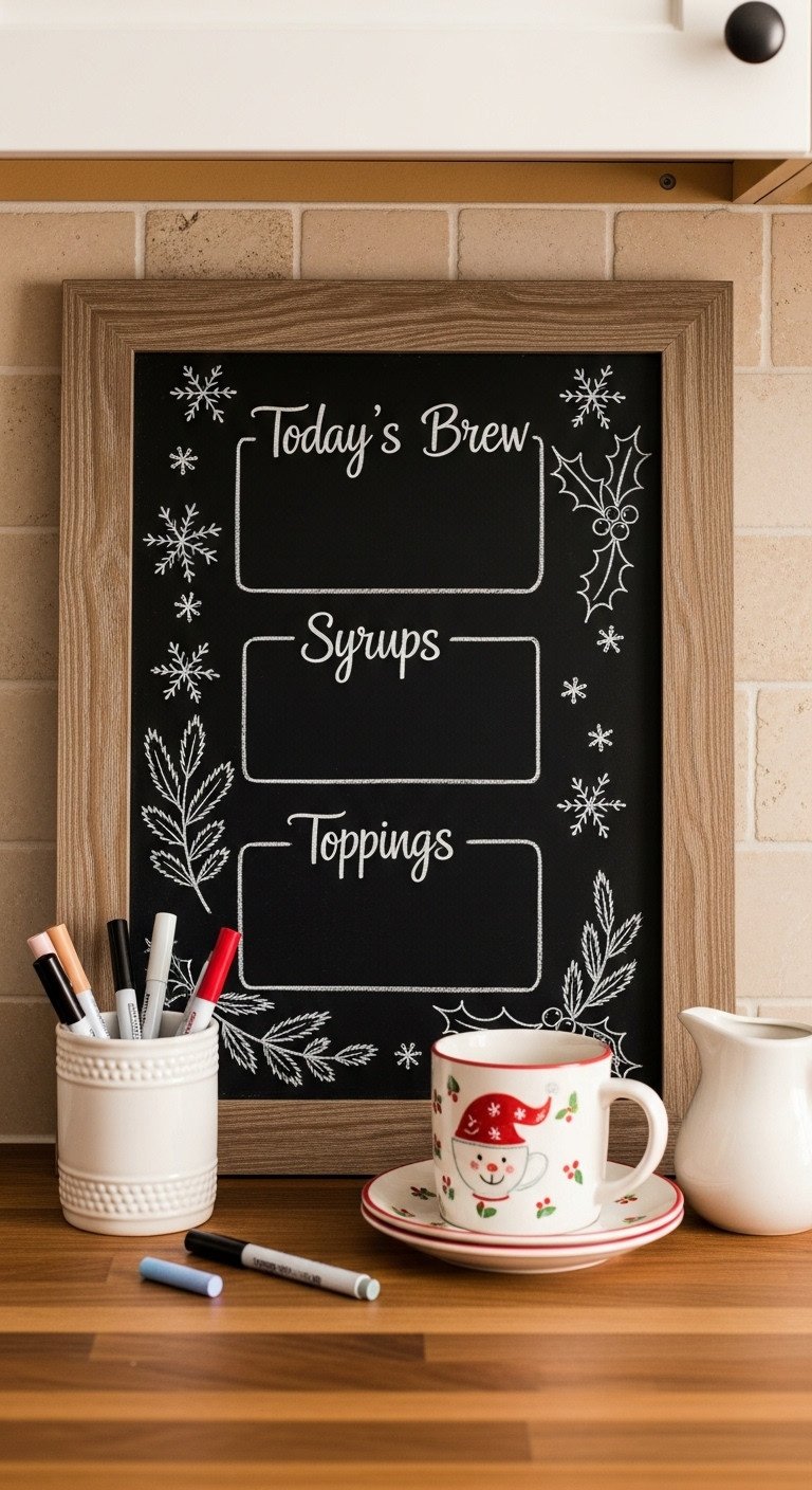 Cozy Christmas coffee area kitchen DIY chalkboard menu hand-drawn snowflakes holly wooden counter festive personalized decor