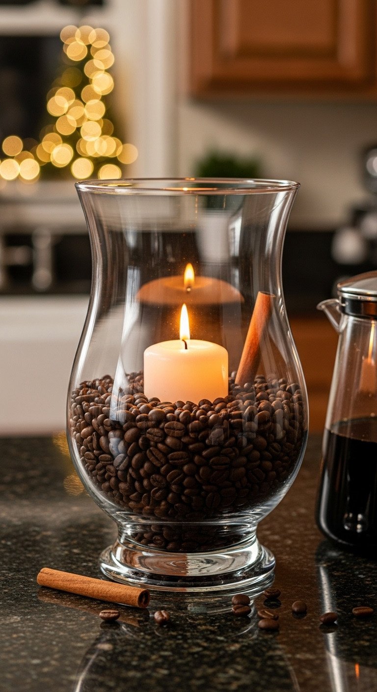 Cozy Christmas coffee area kitchen aromatic coffee bean candle display glass hurricane vase white pillar candle cinnamon stick festive glow