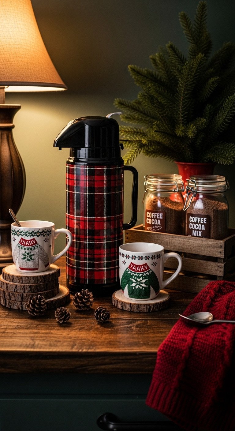 Cozy Christmas coffee area kitchen cabin coffee station plaid thermos Fair Isle mugs rustic crate pinecones knitted dishcloth
