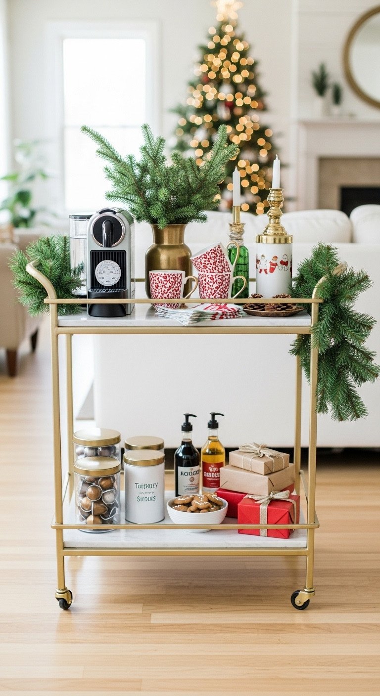 Cozy Christmas coffee area kitchen cheerful mobile coffee cart Nespresso machine evergreen gingerbread cookies festive garland gold white green